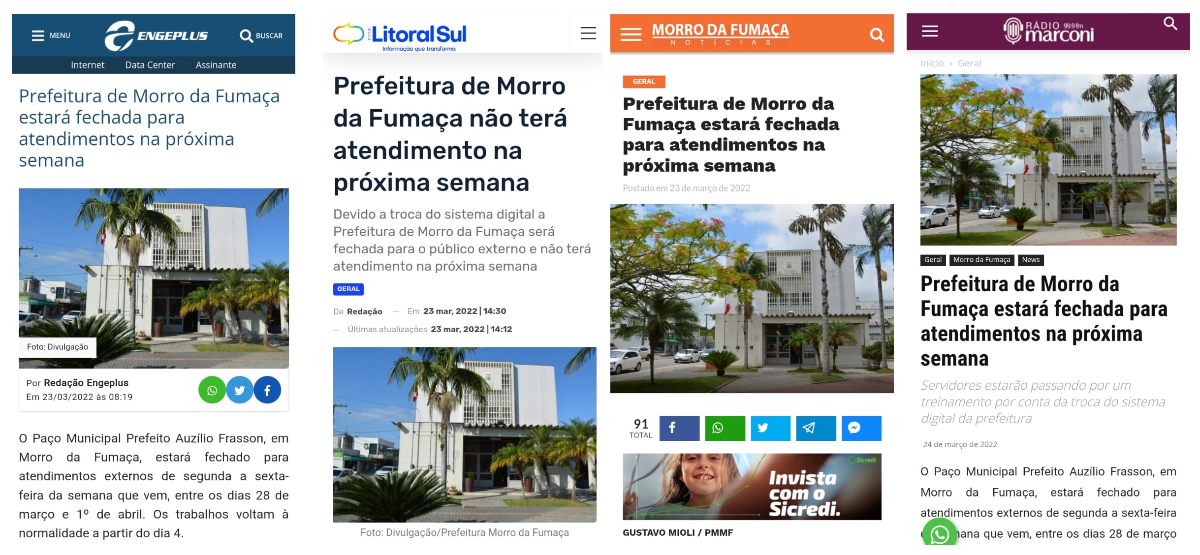 Prints das telas dos portais falando sobre a modernização digital da Prefeitura de Morro da Fumaça