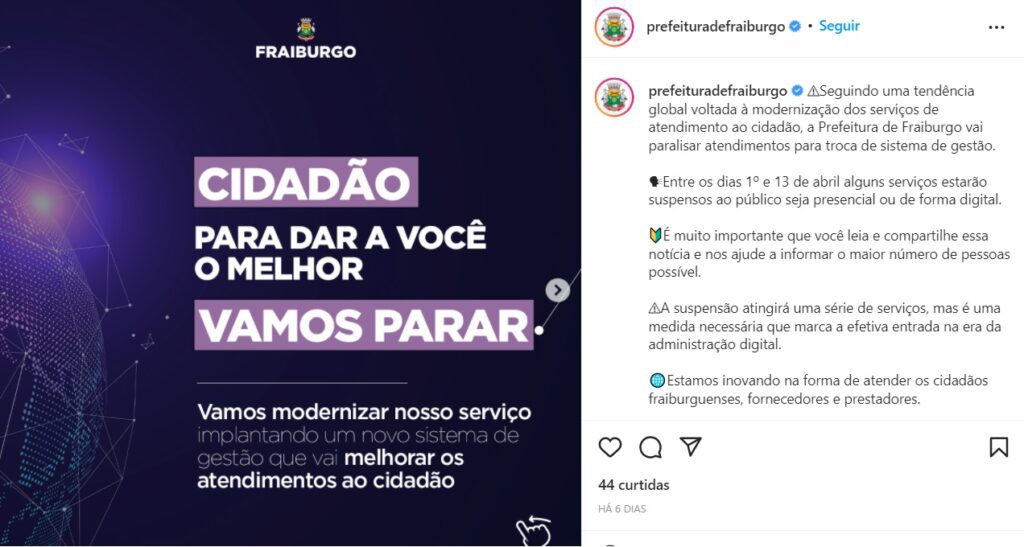 print publicacao facedook da prefeitura de fraiburgo anunciando a modernizacao da gestao publica