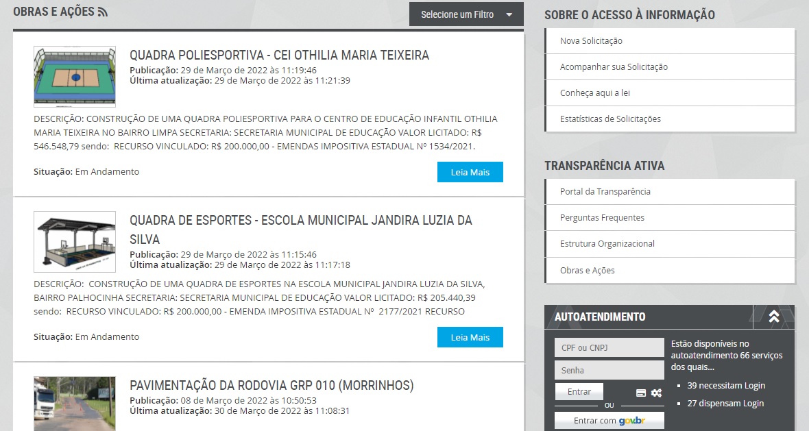 print da tela do portal acompanhamento obras publicas prefeitura de garopaba
