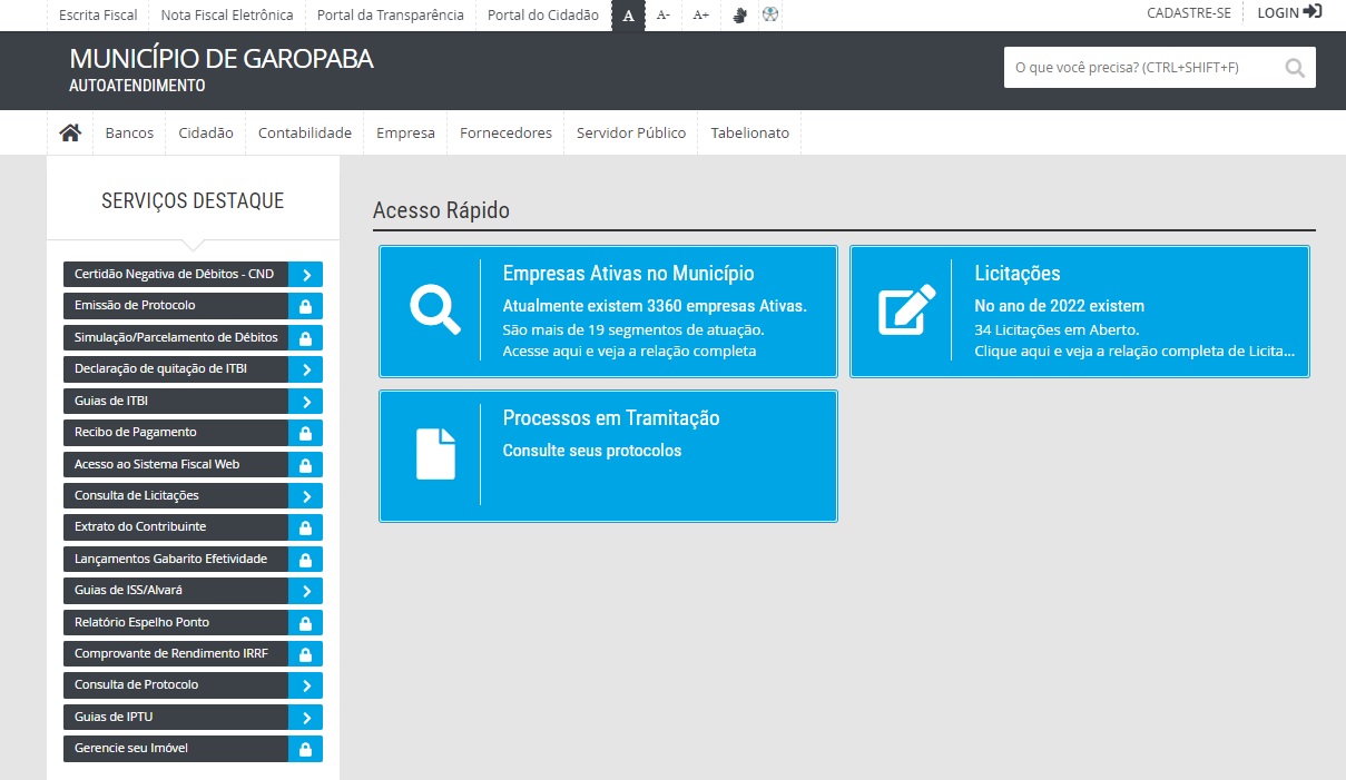 print da tela inicial do portal de autoatendimento da prefeitura de garopaba