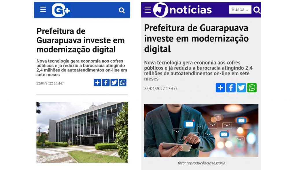 print de posts na imprensa sobre a modernização digital prefeitura de guarapuava