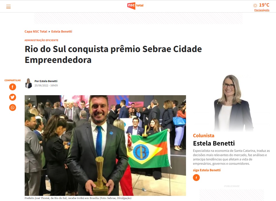 Estella Benetti Rio do Sul vence prêmio nacional do Sebrae Cidade Empreendedora