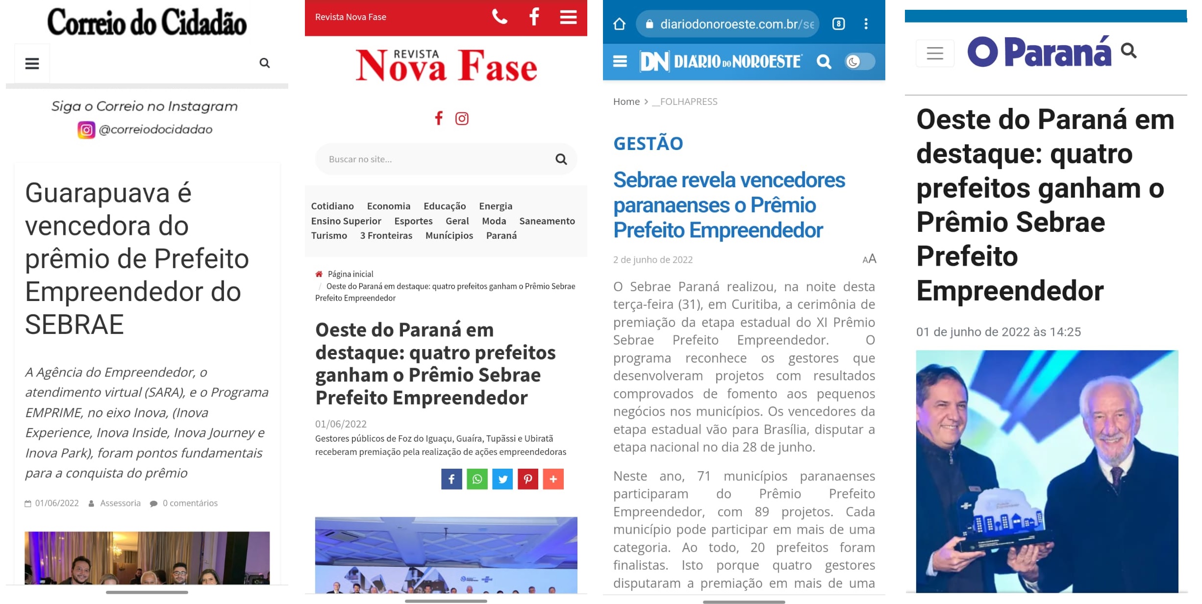 Guaíra, Guarapuava e Tupãssi vencem Prêmio Prefeito Empreendedor do Sebrae-PR