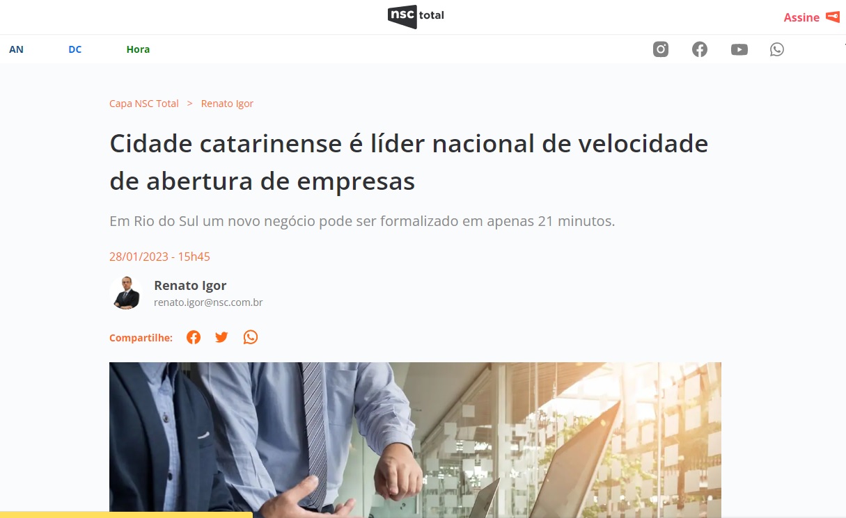 Mapa das Empresas: Rio do Sul é o mais rápido do Brasil em abertura de empresas